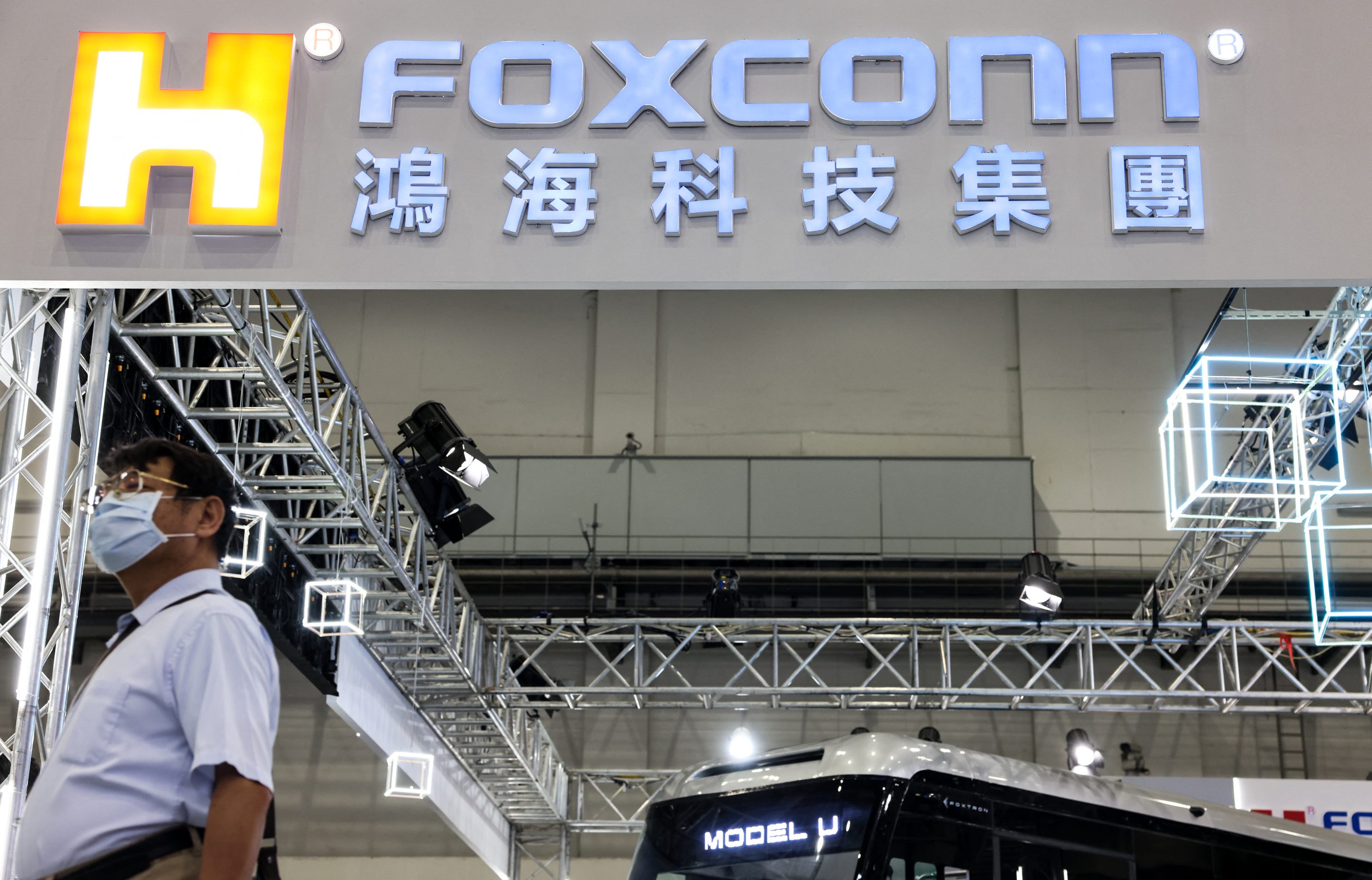 The logo of Foxconn is seen during the AutoTronics Taipei 2026 at Nangang Exhibition Center in Taipei on April 15, 2026.