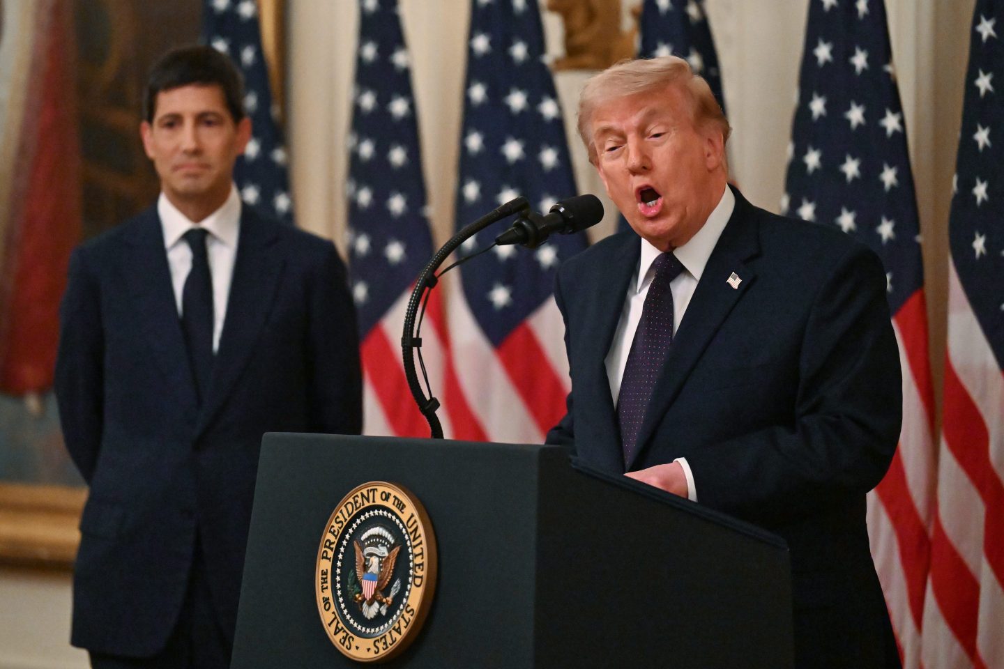 President Donald Trump speaks during the swearing-in ceremony for the new Chairman of the Federal Reserve, Kevin Warsh (L) in the East Room of the White House on May 22, 2026 in Washington, DC.