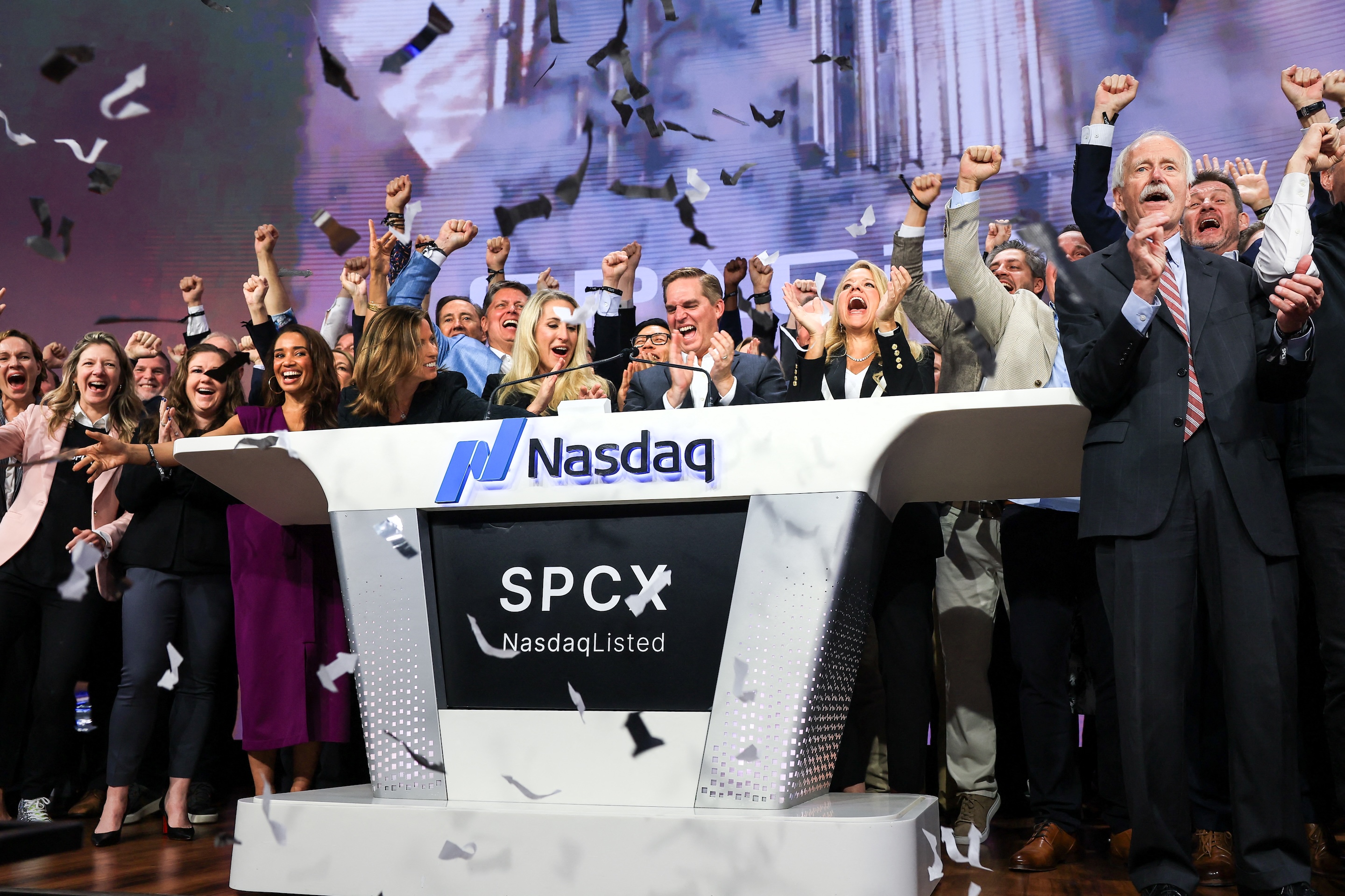 SpaceX celebrates as they ring the opening bell at the Nasdaq MarketSite to celebrate the launch of SpaceX’s initial public offering in New York on June 12, 2026.
