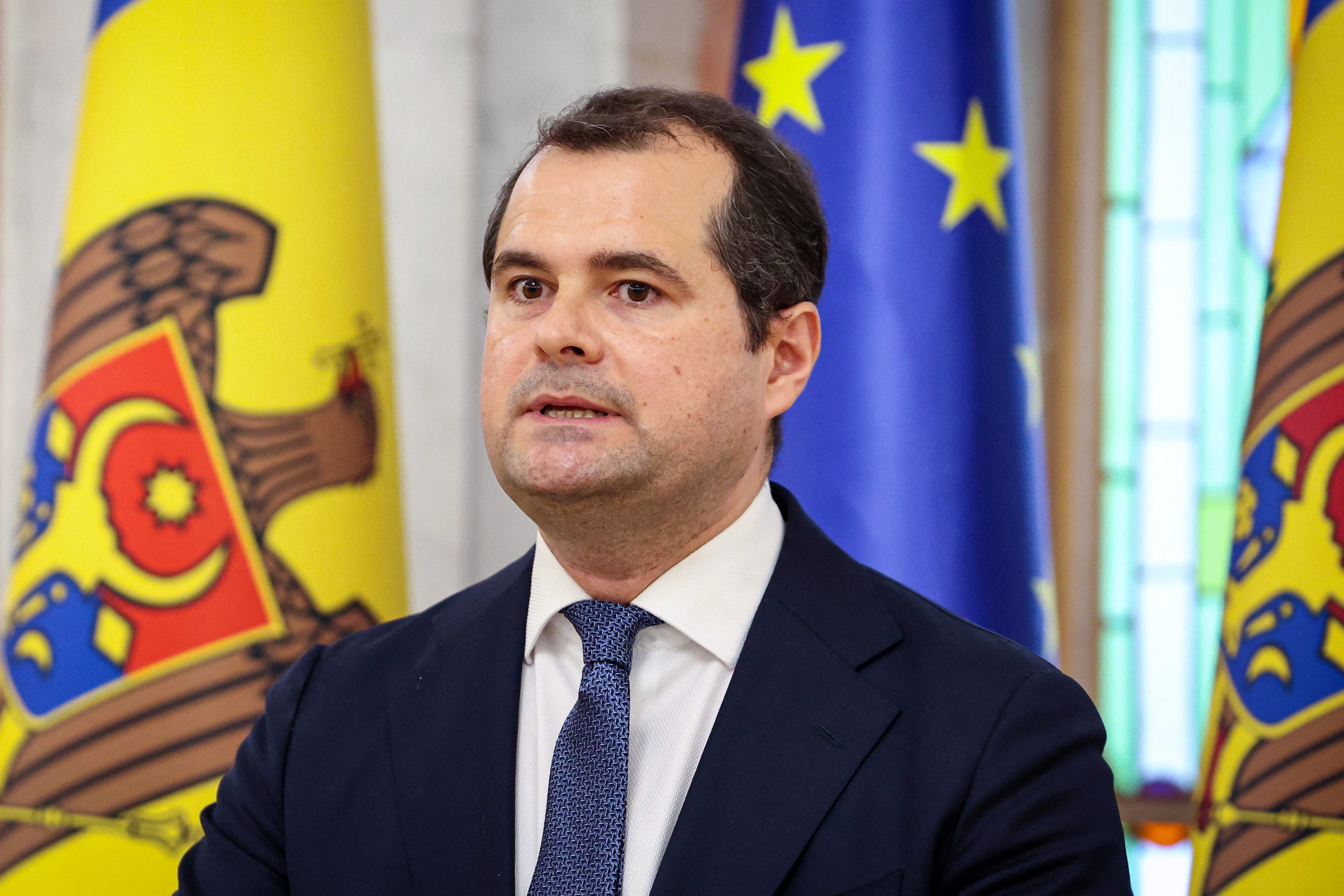 Newly-nominated Moldova's Prime Minister Vasile Tofan looks on during a press conference at the Presidential Palace in Chisinau on July 11, 2026.