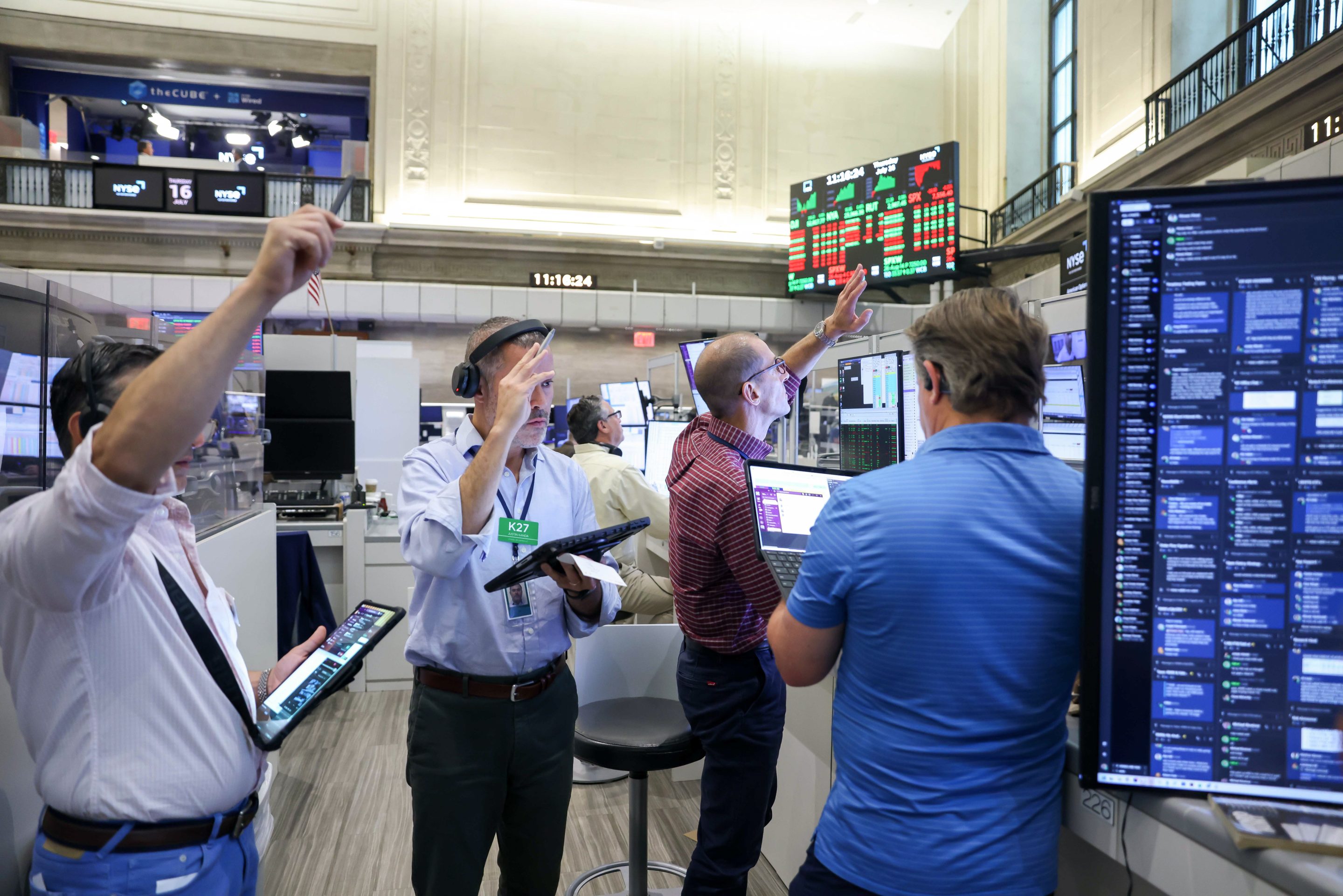 Traders work on the floor of the American Stock Exchange (AMEX) at the New York Stock Exchange (NYSE) on Thursday, July 16, 2026.
