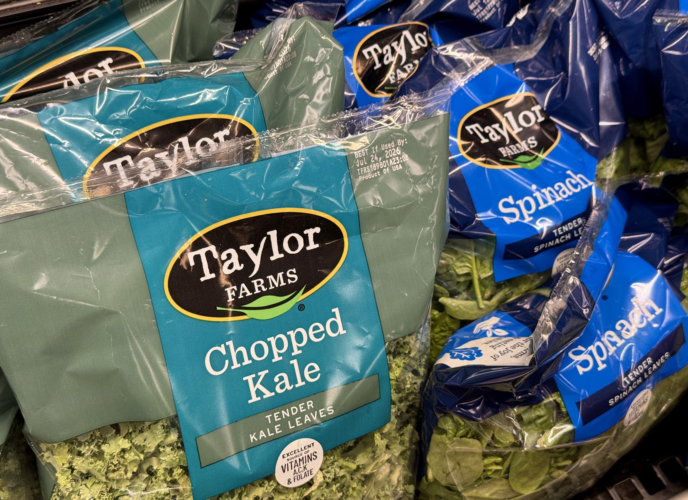 Packages of Taylor Farms salad greens are displayed at a Safeway store on July 16, 2026 in Kings Beach, California.