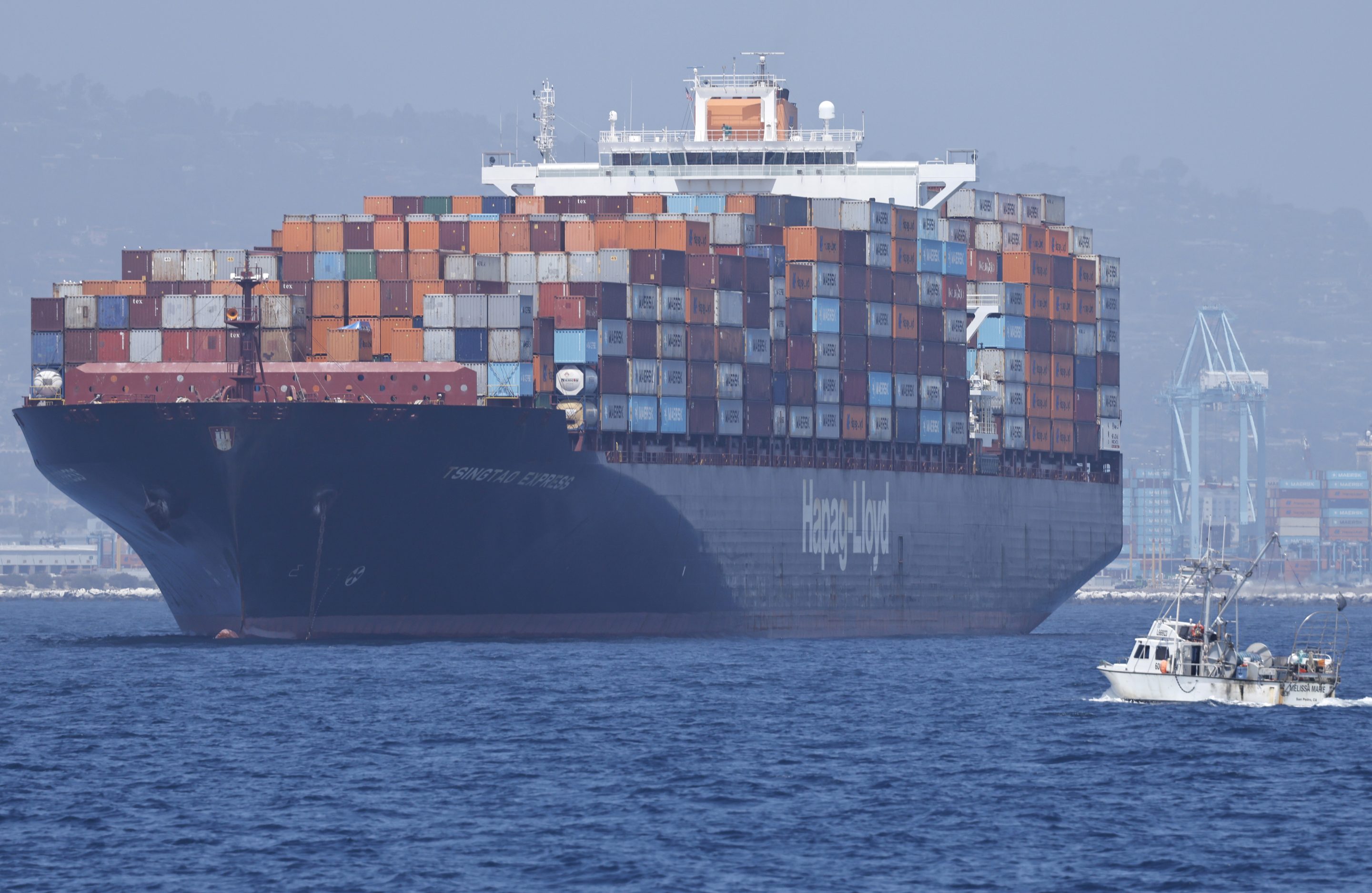 A container ship floating off the Port of Los Angeles on July 17, 2026.