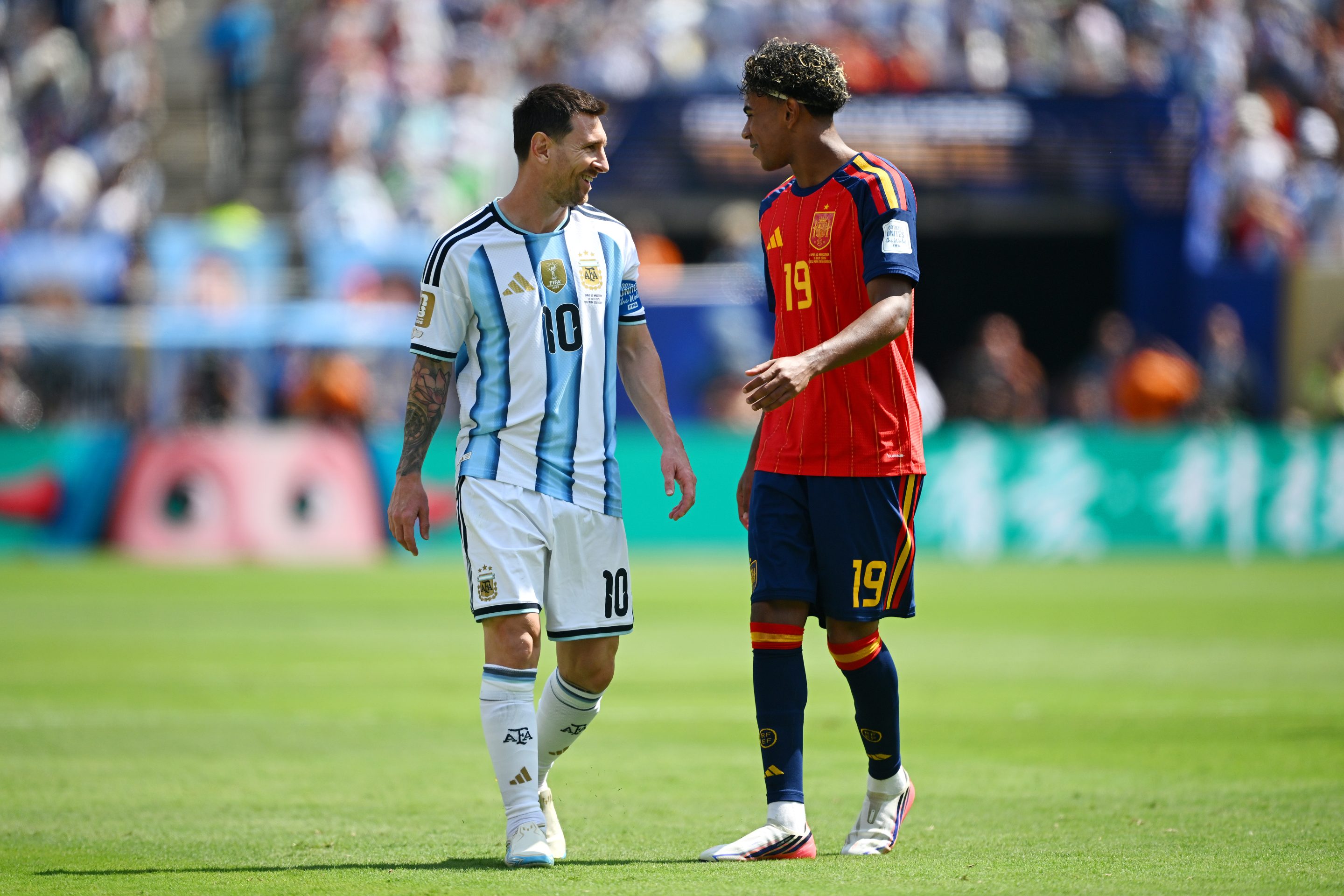 Lionel Messi #10 of Argentina interacts with Lamine Yamal #19 of Spain during the FIFA World Cup 2026 Final match between Spain and Argentina at New York New Jersey Stadium on July 19, 2026 in East Rutherford, New Jersey.