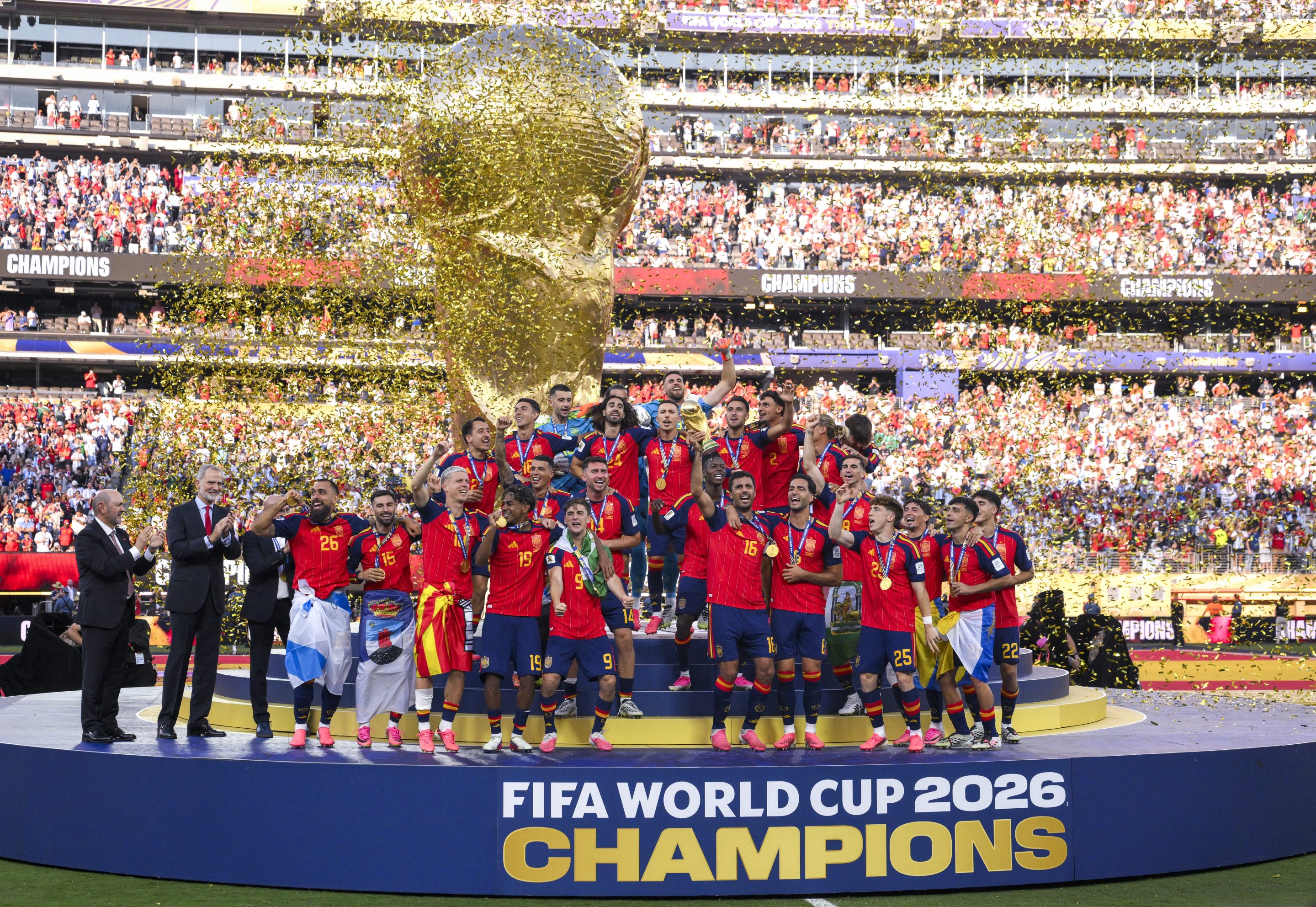 Rodri #16 of Spain lifts the FIFA World Cup Winner’s Trophy after the team’s victory following the FIFA World Cup 2026 Final match between Spain and Argentina at New York New Jersey Stadium.