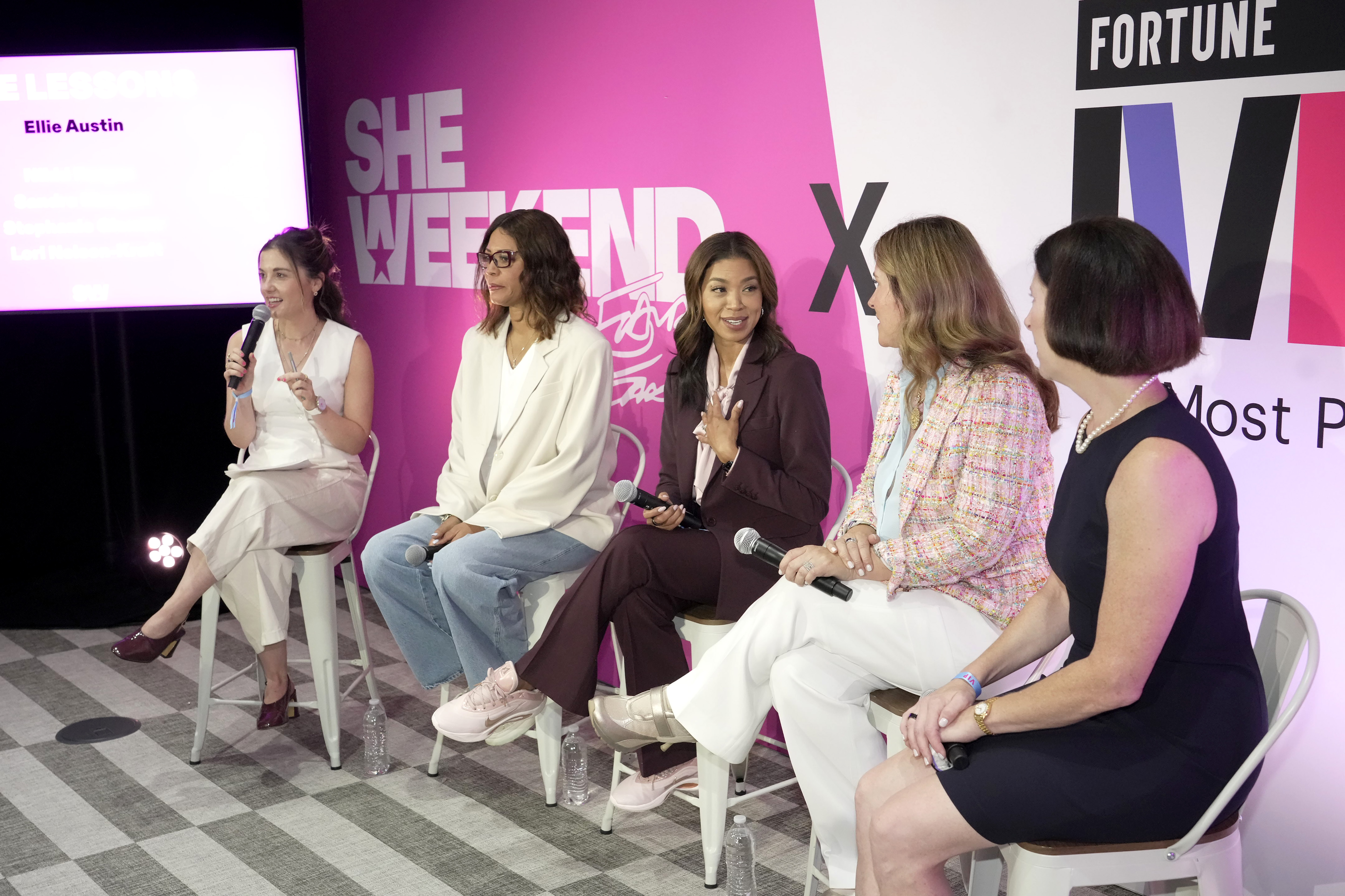 Ellie Austin, Nikki Fargas, Sandra Morgan, Stephanie Glanzer, and Lori Nelson-Kraft speak onstage at the Life Lessons panel during Flavor Flav's SHE Weekend at the Park MGM on July 17, 2026 in Las Vegas.  