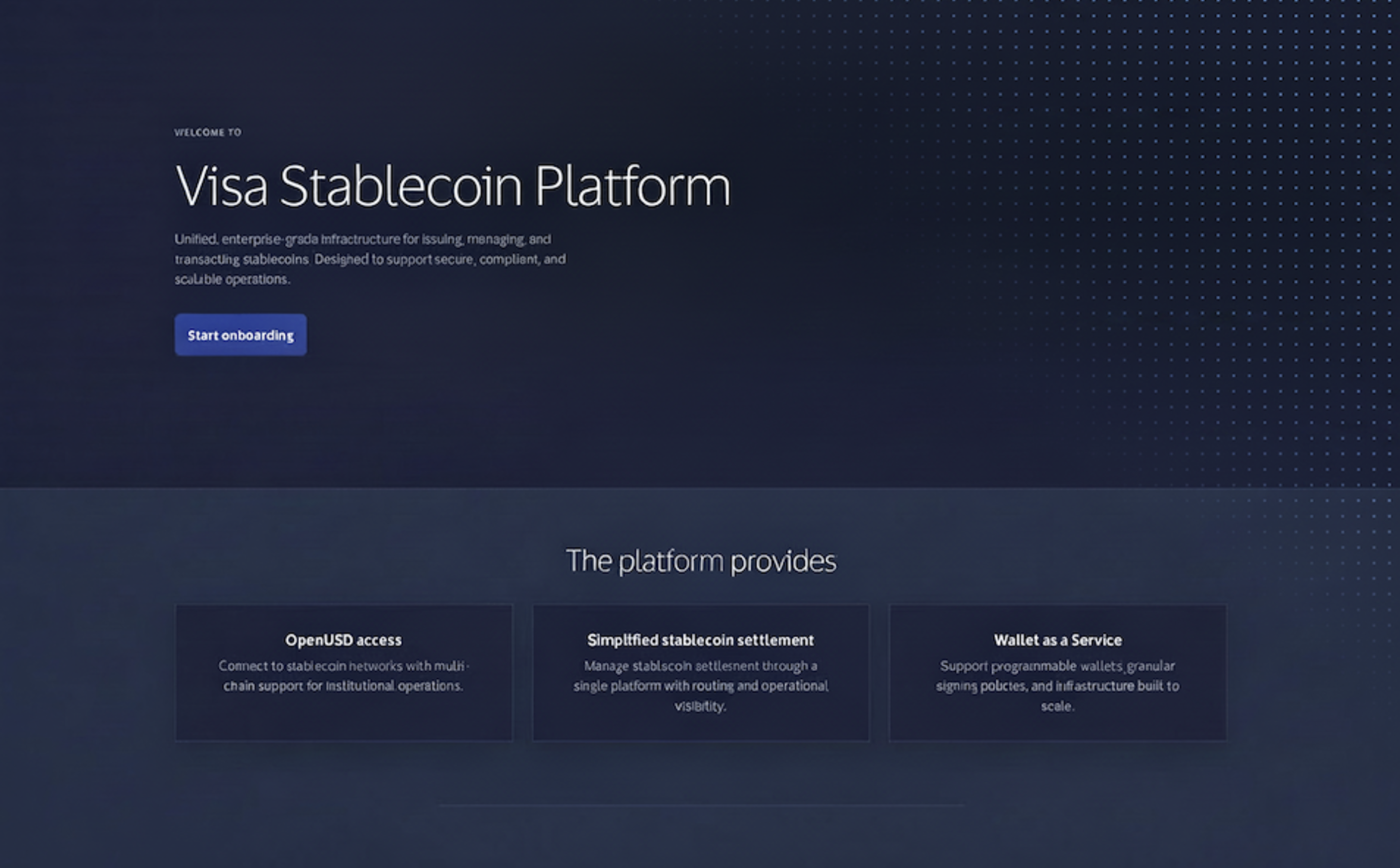 The landing page of the Visa Stablecoin Platform