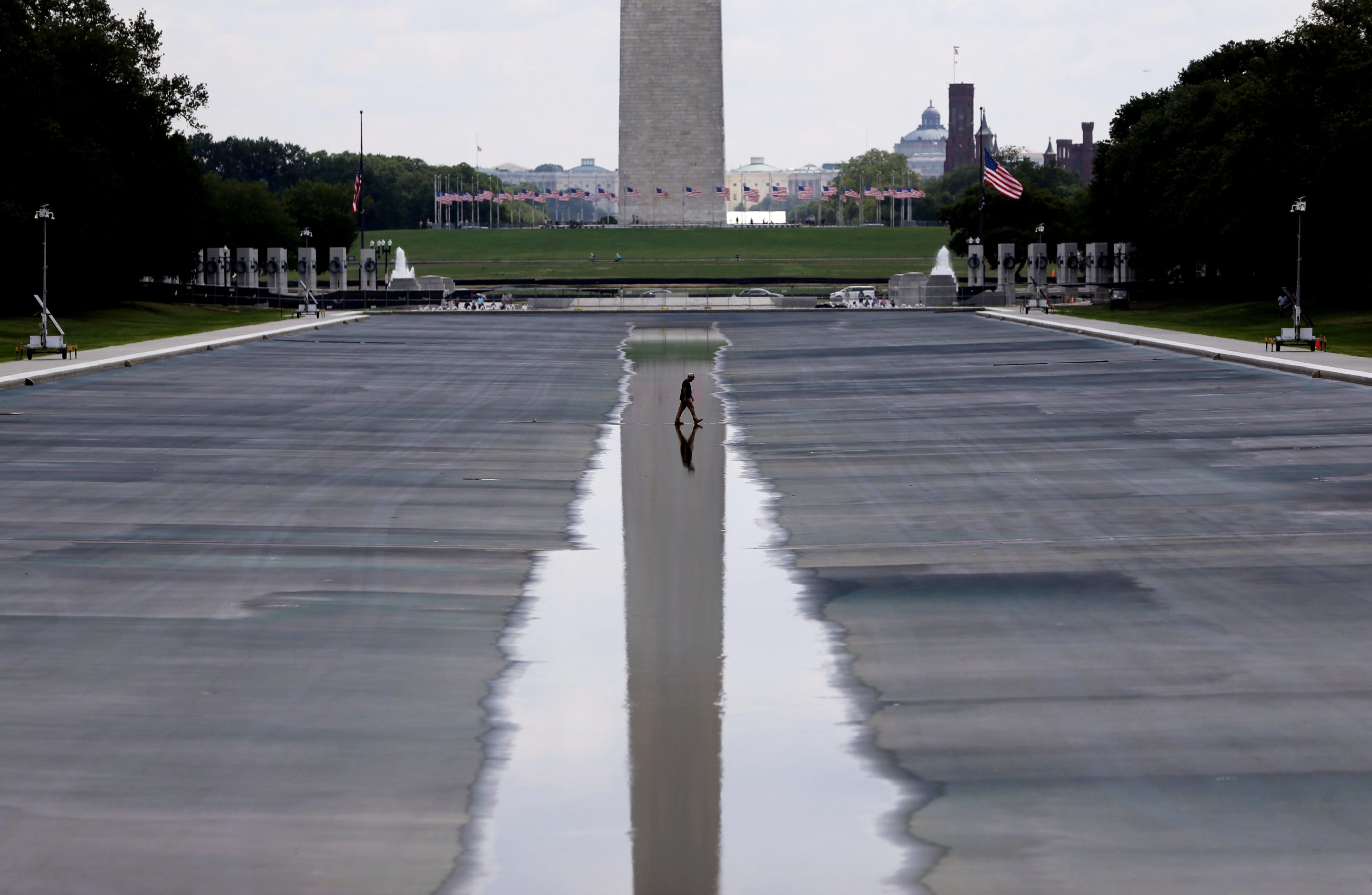 The Washington Monument is seen in the background of the now drained Lincoln Memorial Reflecting Pool, Wednesday, July 29, 2026.