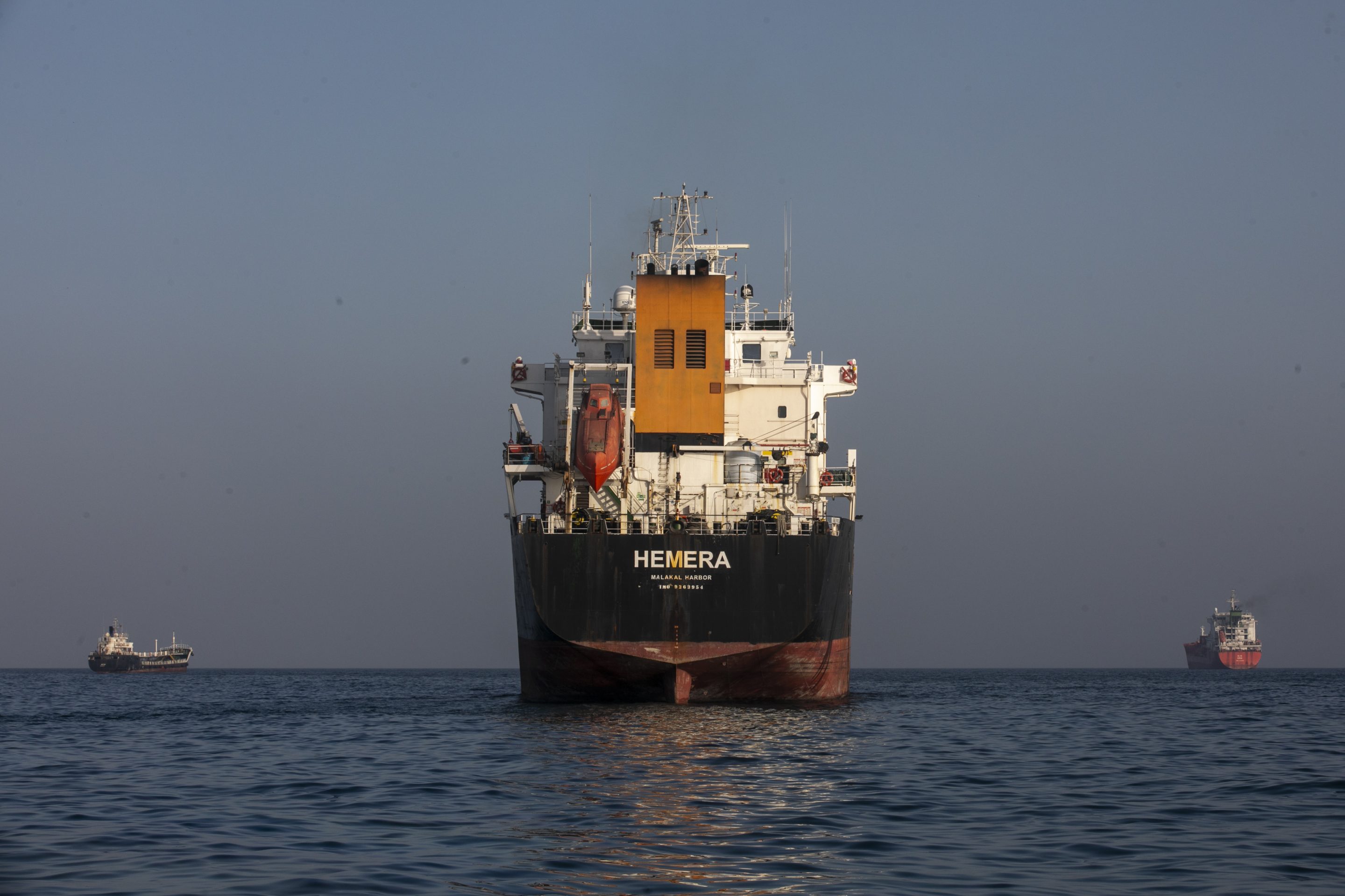 A ship sails on the ocean near the Strait of Hormuz
